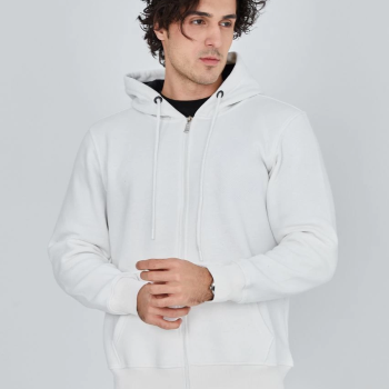 Tam Fermuarlı Kapşonlu  SweatShirt - Beyaz -